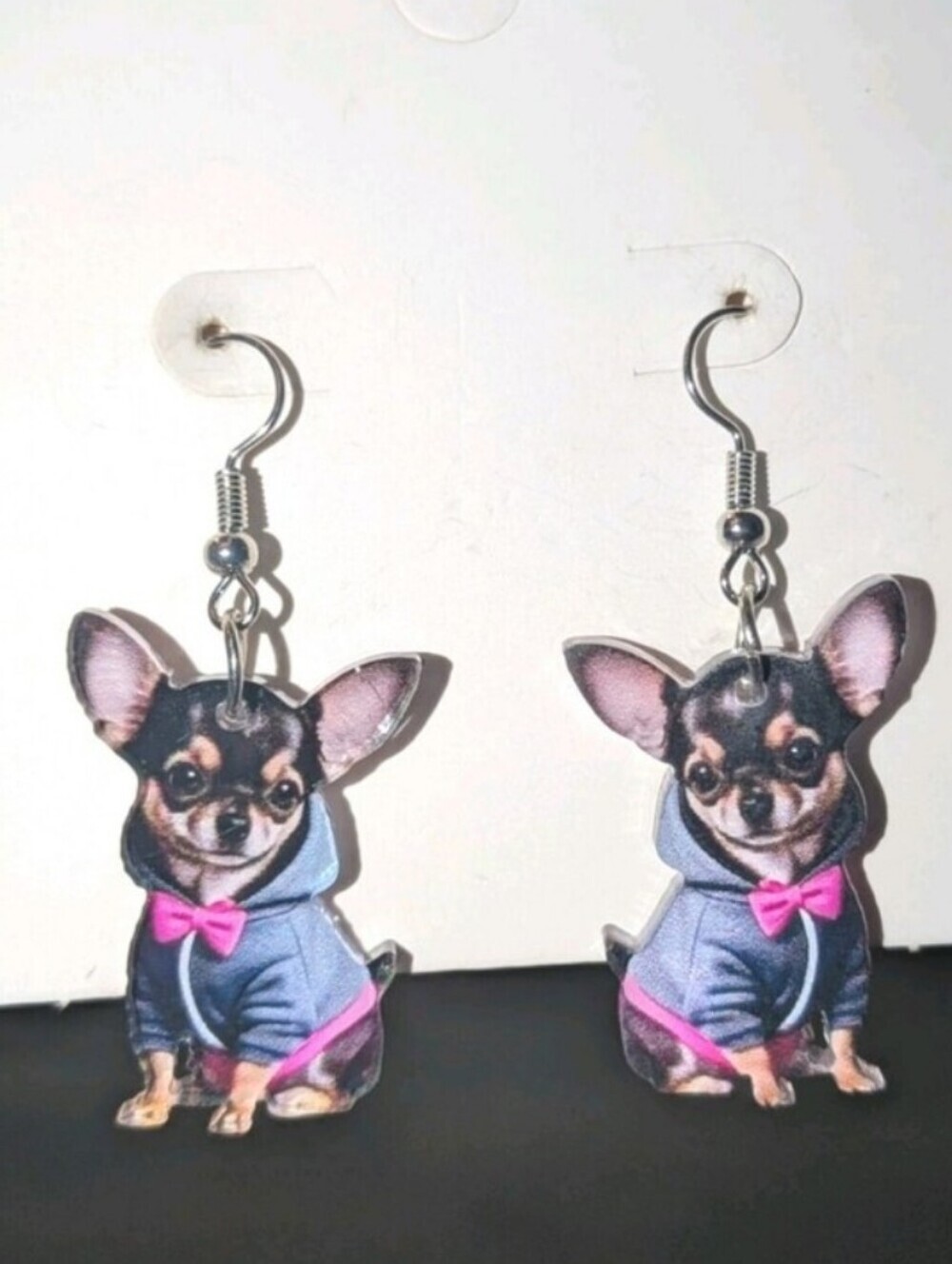 Chihuahua Dog Dangle Earrings with Pink Bow